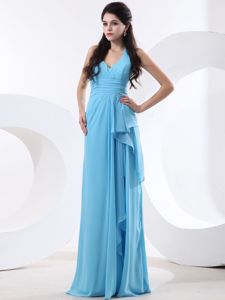 Halter Aqua Blue Floor-length Prom Dresses For Dama with Ruffles