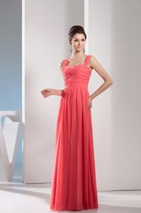 Straps Ruched Watermelon Floor-length Chiffon Dama Dress for Party