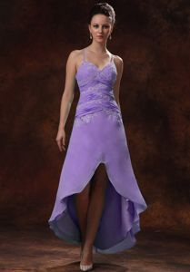 Purple Straps Appliques Ruched High Low Chiffon Dress for Damas