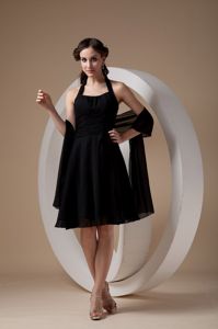 Black Halter Ruched Chiffon Knee-length Dama Dress with Matching Shawl