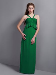 V-neck Ruffled Ruched Green Chiffon Floor-length 15 Dress for Dama
