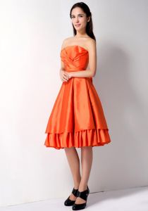 Bowknot Strapless Ruched Orange Taffeta Layers Dress for Damas