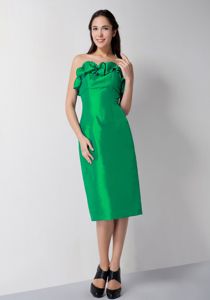 Chic Strapless Ruffled Green Tea-length Taffeta 15 Dresses for Dama
