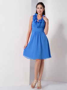 Ruffled Halter Ruched Chiffon Blue Knee-length Party Dama Dresses