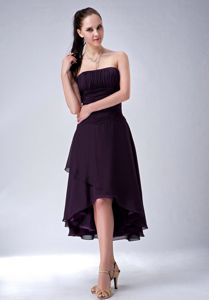 High-low Strapless Ruched Purple Zipper Up Back Prom Dama Dress