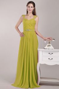 Straps Beading Ruched Yellow Green Long Bridesmaid Dama Dress