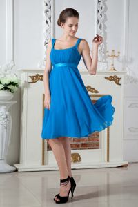Ruched Straps Knee-length Teal Chiffon Zipper Up Dama Dresses