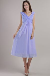 V-neck Ruched Lilac Chiffon Ankle-length Zipper Up Dama Dresses