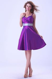 Discount Straps Purple Knee-length Taffeta Zipper Up Dama Gown