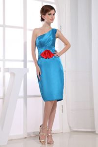Knee-length One Shoulder Teal Taffeta Dama Dress with Red Bowknot