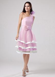 Pink Ruffled Layers Dama Dress with Floral One Shoulder and Sash