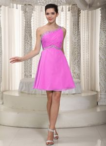 Pink Empire Beaded One Shoulder and Waistband Prom Dresses for Dama