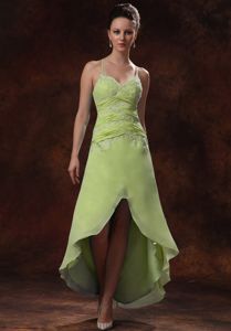 High Low Spaghetti Straps Appliques Ruche Dress for Dama in Yellow Green