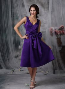 A-line and Straps Forming V-neck for Purple Prom Dress Embellished Bowknot
