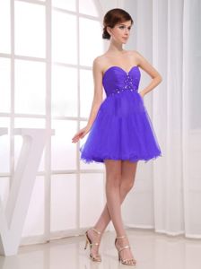 Beading Sweetheart Ruche Purple Short Dama Dress for Quinceaneras