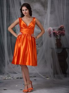 Orange Red Column V-neck Ruching 2013 Dama Dress to Knee-length