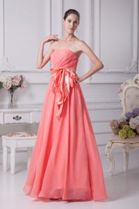 Watermelon Strapless Ruche Quinceanera Damas Dresses with Ribbon