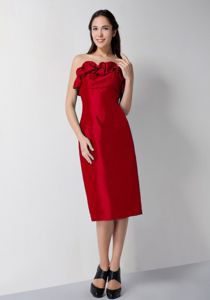 Simple Red Strapless Tea-length Taffeta Quinceanera Damas Dresses