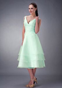 Tea-length V-neck Apple Green Quince Dama Dresses Under 100