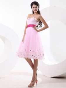 Cute Tulle Knee-length Baby Pink Dress for Damas with Paillette