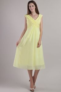 Brand New V-neck Teal-length Ruched Light Yellow Dama Dress